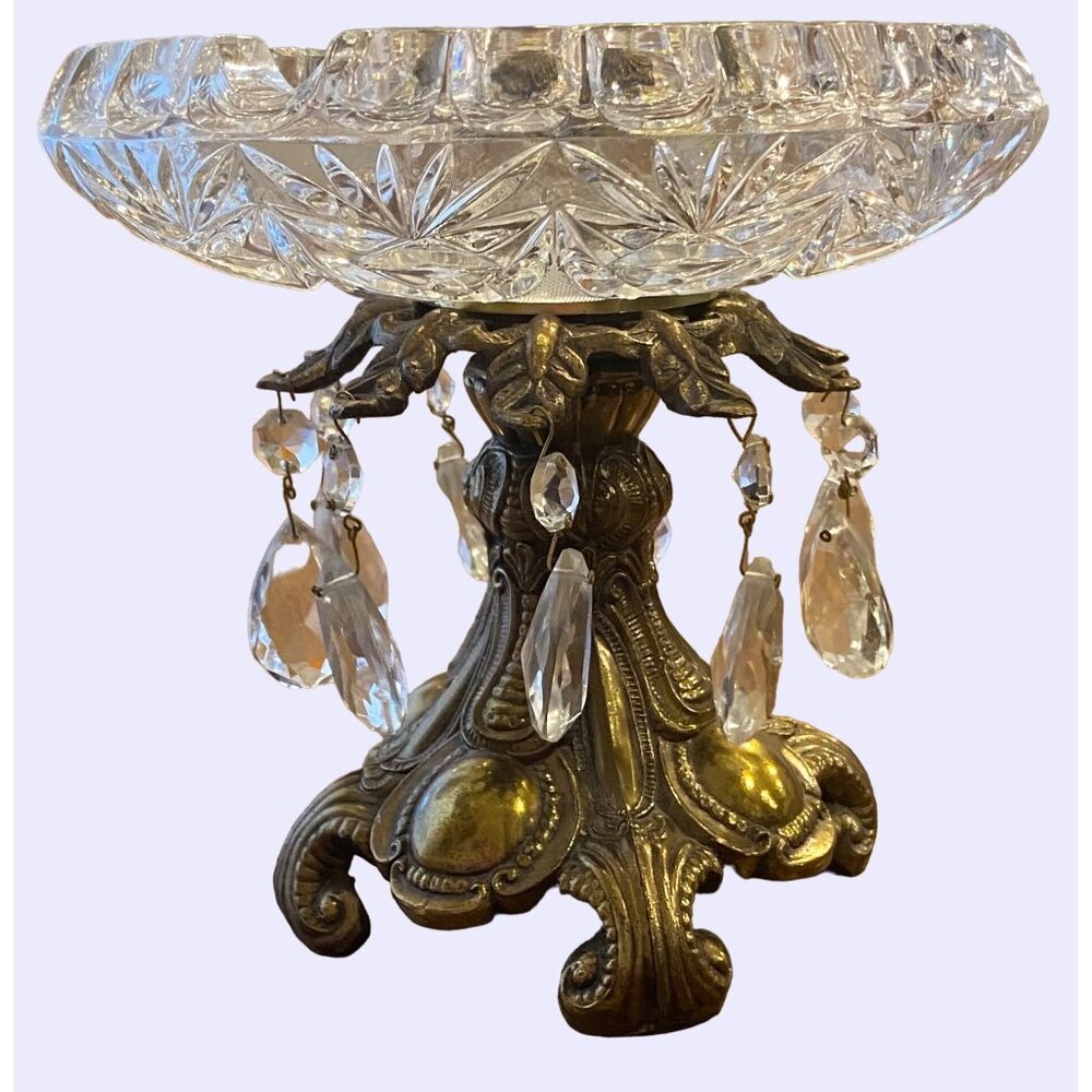 Vintage Crystal & Brass Pedestal Compote With Hanging Prisms